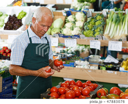 Seller putting products on shelves in greengrocery 47883076