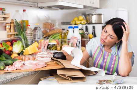 Female is upset of check on food Female is upset of check on food 47889309