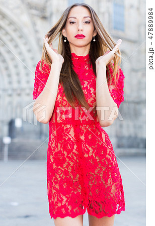 close-up portrait of young slim adult girl in sexy evening apparel 47889984
