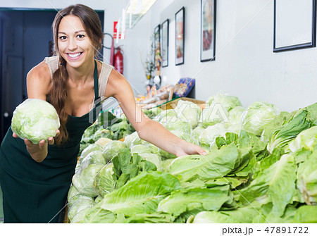 Seller wearing apron holding fresh cabbage head 47891722