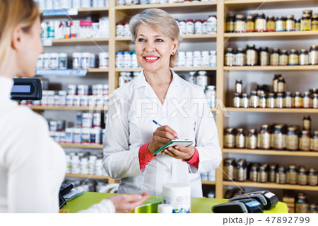 Mature female seller suggesting care products to young customer 47892799