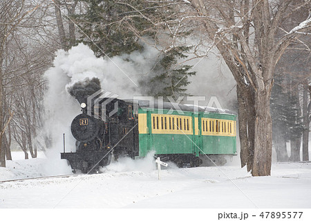 雪の中を走る蒸気機関車の写真素材 [47895577] - PIXTA