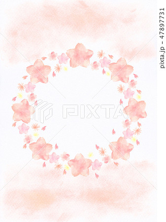 水彩 手描き 桜 きれい サークルフレーム 文字なし 背景ピンク のイラスト素材