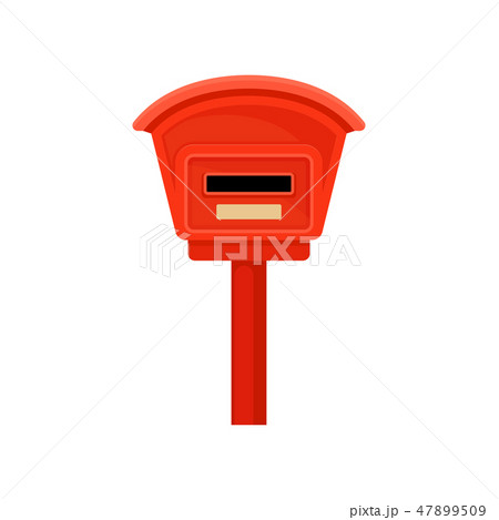 Flat vector icon of small mailbox on pole. Red postbox. Metal container with slot for letters and 47899509