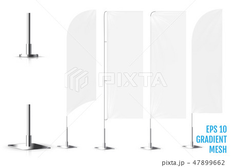 Realistic white banner flags 3d mockup. Textile waving advertisement banner flags. Realistic white banner flags 3d mockup. Textile waving advertisement banner flags. 47899662