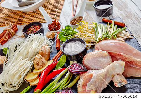 raw ingredients for asian chicken soup, close-up 47900014