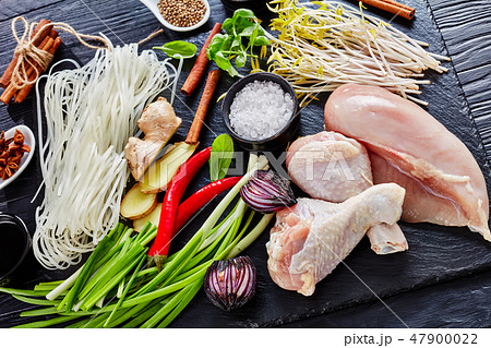 raw ingredients for asian chicken soup, close-up 47900022