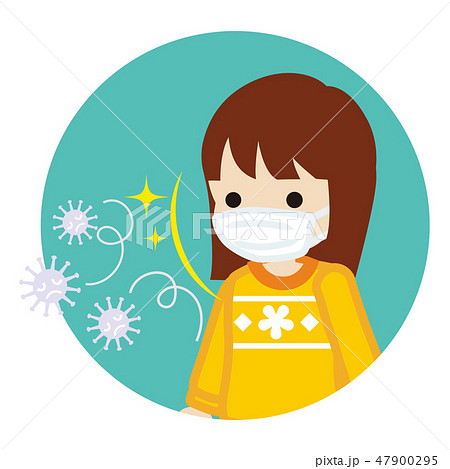 マスクをつけた女の子 風邪ウイルス対策 円形アイコンのイラスト素材