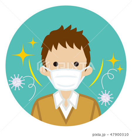 マスクをつけた男子生徒 正面 風邪ウイルス対策 円形アイコンのイラスト素材