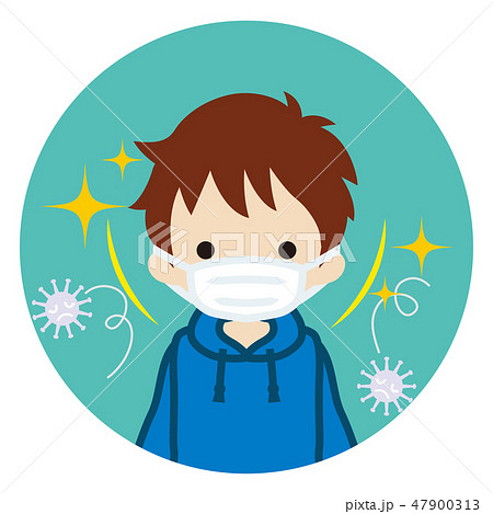 マスクをつけた男の子 正面 風邪ウイルス対策 円形アイコンのイラスト素材