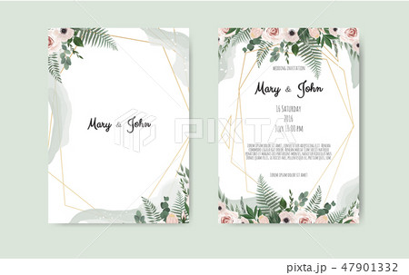Botanical wedding invitation card template design, white and pink flowers on white background. 47901332