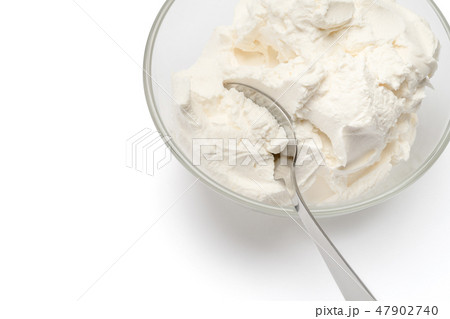 Traditional Mascarpone cheese in glass bowl isolated on white with clipping path Traditional Mascarpone cheese in glass bowl isolated on white with clipping path 47902740