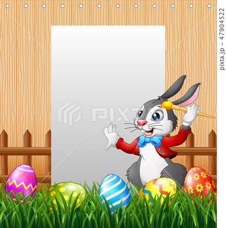 Happy Easter bunny painting egg with blank sign Happy Easter bunny painting egg with blank sign 47904522