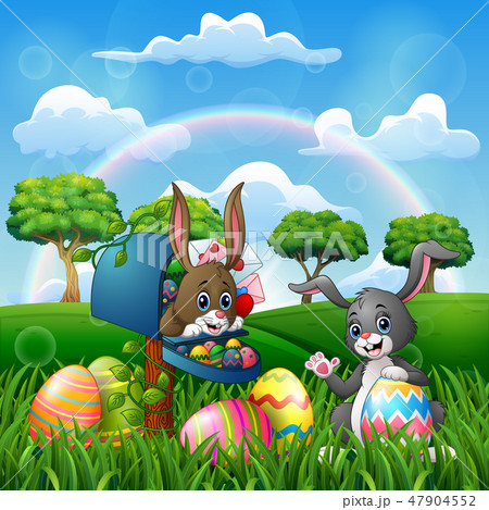 Cartoon happy easter with bunnies on the nature 47904552