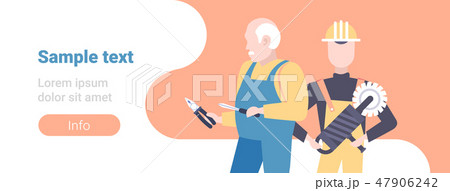 two construction workers holding screwdriver cutting pliers and handheld circular saw repair service 47906242