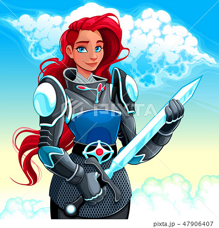 Female knight is holding the sword in her hands. 47906407