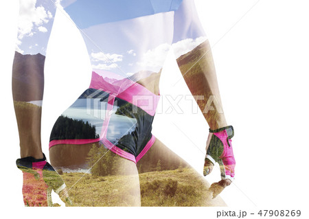 Double exposure of young woman in sportswear and nature. Double exposure of young woman in sportswear and nature. 47908269