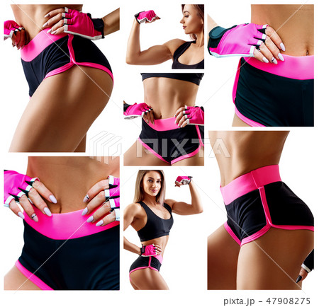 Collage of athletic woman demonstrated her muscular body. 47908275