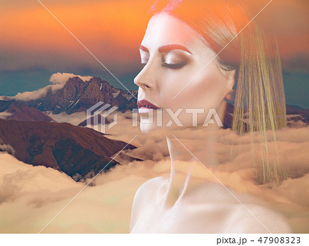 Double exposure of young beautiful woman and clouds sea 47908323