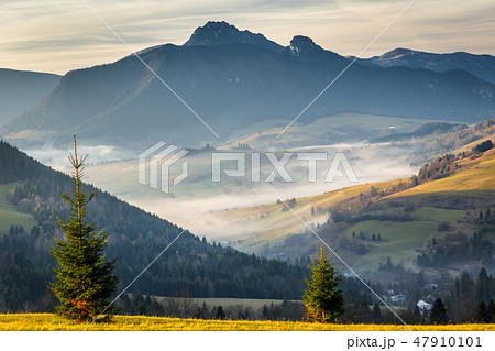 Landscape with mountains at sunrise. Landscape with mountains at sunrise. 47910101