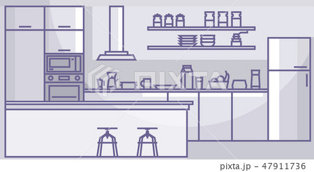 Modern kitchen interior Home indoors kitchen appliances furniture Linear vector illustration. 47911736