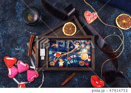 Wooden photo box with photo for Valentine's Day or Wedding Day 47914753