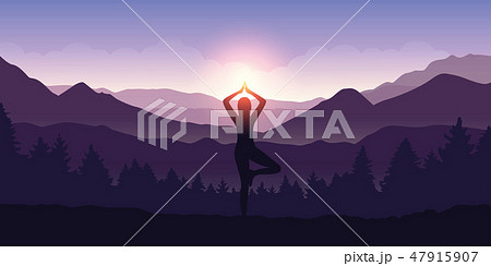 girl makes yoga tree figure in the mountain landscape view at sunrise girl makes yoga tree figure in the mountain landscape view at sunrise 47915907