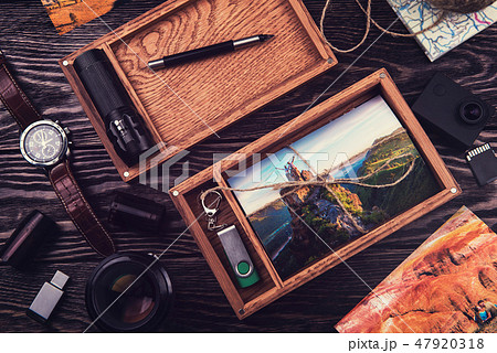 Wooden photo box with photo from travel Wooden photo box with photo from travel 47920318