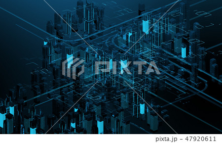 Futuristic skyscrapers in the flow. The flow of digital data. city of the future. 3D illustration Futuristic skyscrapers in the flow. The flow of digital data. city of the future. 3D illustration 47920611