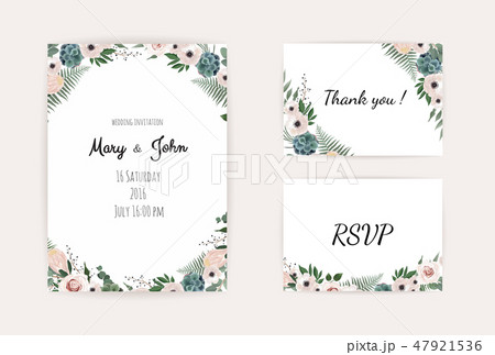 Wedding Invitation, save the date, thank you, rsvp card Design template. Vector. Pink rose, olive 47921536