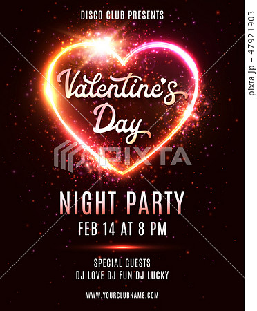 Valentines Day Party poster or flyer design template on dark red background. Electric wire heart Valentines Day Party poster or flyer design template on dark red background. Electric wire heart 47921903