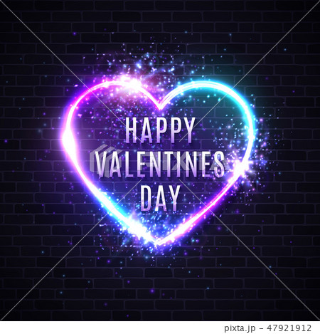 Valentines Day card. 3d realistic heart shape neon sign. Greeting card template decoration on brick 47921912