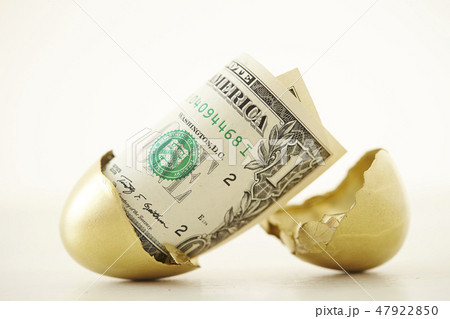 金の卵とアメリカ紙幣 1ドル札 白背景 金の卵とアメリカ紙幣 1ドル札 白背景 47922850