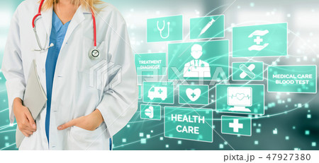 Doctor with Medical Healthcare Graphic in Hospital Doctor with Medical Healthcare Graphic in Hospital 47927380