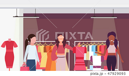 mix race customers holding dresses fashion boutique big shop female clothes shopping mall interior mix race customers holding dresses fashion boutique big shop female clothes shopping mall interior 47929093