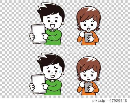 タブレットとスマートフォンを使う若い男女 タブレットとスマートフォンを使う若い男女 47929348