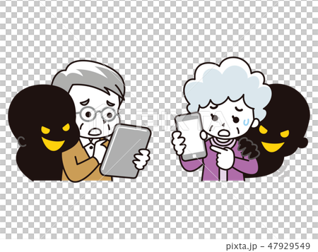 タブレットとスマートフォンを使うシニア男女に忍び寄る影のイラスト素材