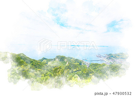 青空と港町　水彩画風 47930532