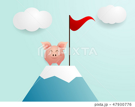 cute pig finish on top of mountain with red flag 47930776