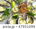 Seafood background. Oysters baked with cheese on plate. Mediterranean cuisine with seafood. Food 47931099