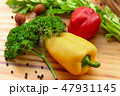 Vegetable composition and food background. Bell pepper, herbs, seasoning for food preparation 47931145