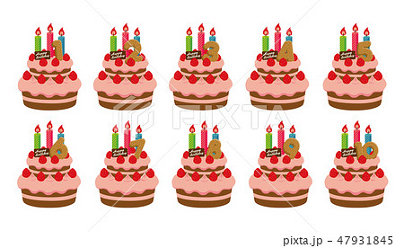 誕生日 バースデーケーキ イラストセット ピンク 1歳 10歳 のイラスト素材