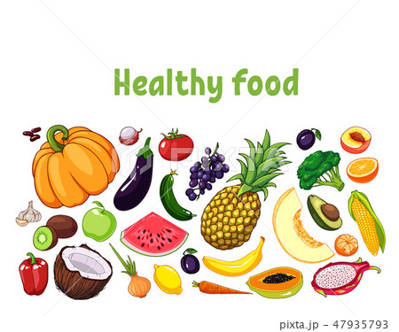 Vector illustration of fruits and vegetables with various edible objects. Vector illustration of fruits and vegetables with various edible objects. 47935793