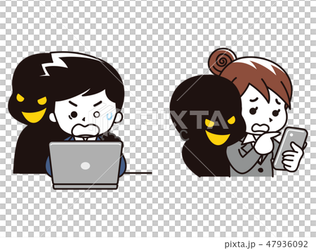 Shadows creeping up by men and women of suits that use laptops and smartphones 47936092