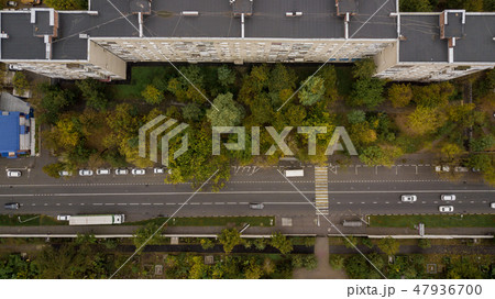 Top down view of buildings, street roads with cars in Krasnodar city, Russia 47936700