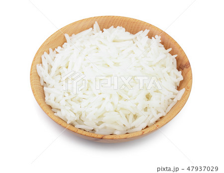 rice in a wooden bowl isolated on white background. Top view. Flat lay 47937029