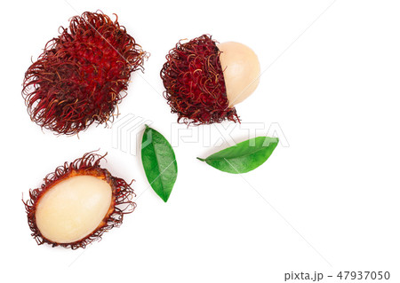 rambutan with leaves isolated on white background with copy space for your text. Tropical fruit 47937050