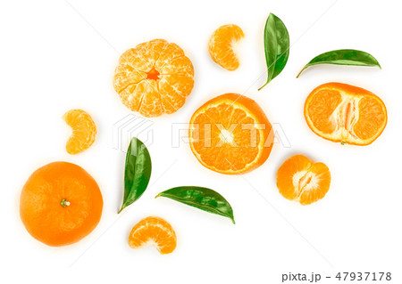 tangerine or mandarin with leaves isolated on white background. Top view. Flat lay tangerine or mandarin with leaves isolated on white background. Top view. Flat lay 47937178