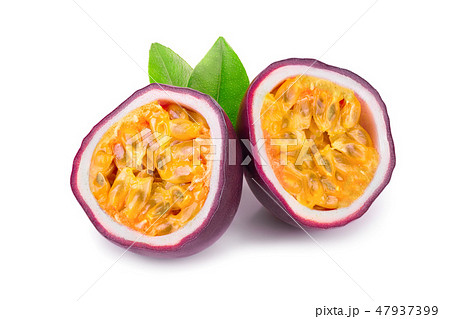 half of passion fruits with leaves isolated on white background. Isolated maracuya half of passion fruits with leaves isolated on white background. Isolated maracuya 47937399