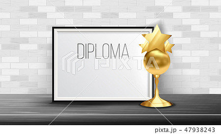 Certificate Diploma With Golden Cup Vector. Modern Gift. Elegant Document. A4 Frame. Stand. 3D 47938243